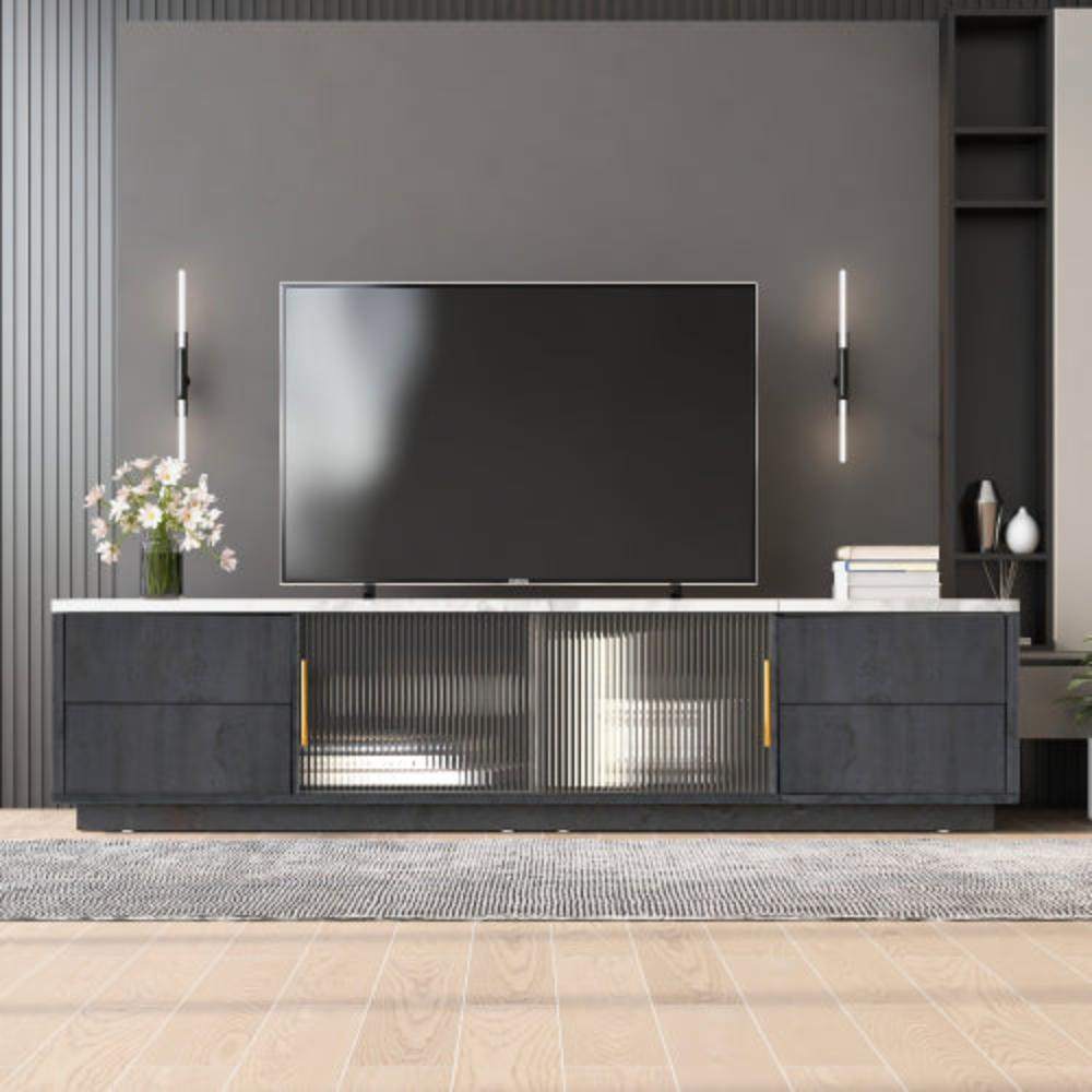 160cm Grey TV Stand,70 inches TV, Marble Top, Cable Management, Push-to-Open Drawers