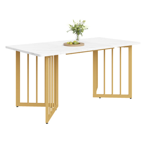 (p) Luxe Dining Table-White Marble Pattern, V-Shaped Metal Legs, Adjustable Feet, Golden Highlights