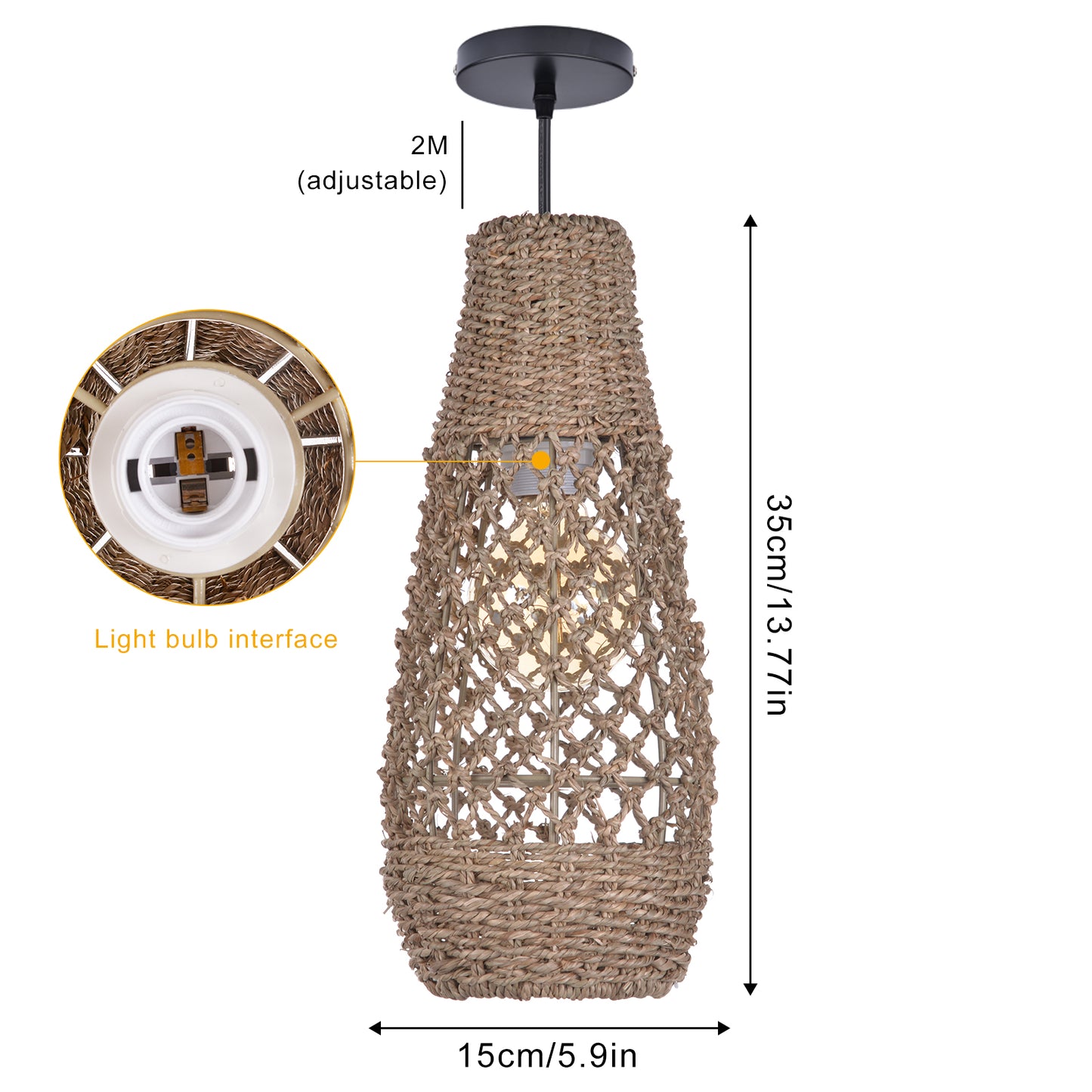 (Z)ARTURESTHOME Handmade Rattan Chandelier Bohemian Style Natural Fibre Chandelier Ceiling Light Fixture