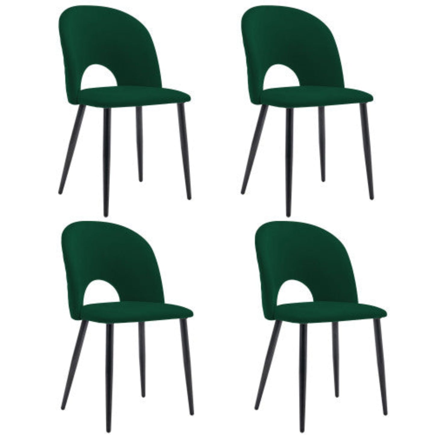 Chaises de salle à manger en velours vert - Rembourrées, métal, pieds réglables, dossier en losange - Lot de 4