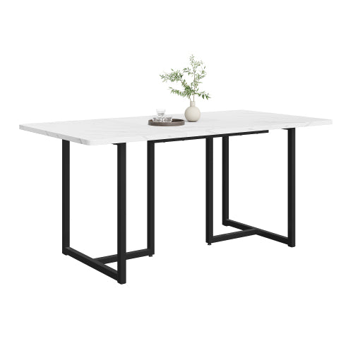 Modern Marble Dining Table-Metal Structure, L-Shaped Legs, Adjustable Feet, WhiteBlack