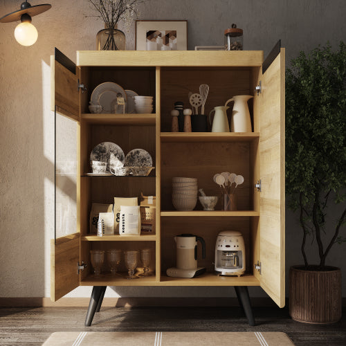 Modern Sideboard with Glass Doors-Natural Colour, Chest of Drawers, Perfect for Living Room Buffet