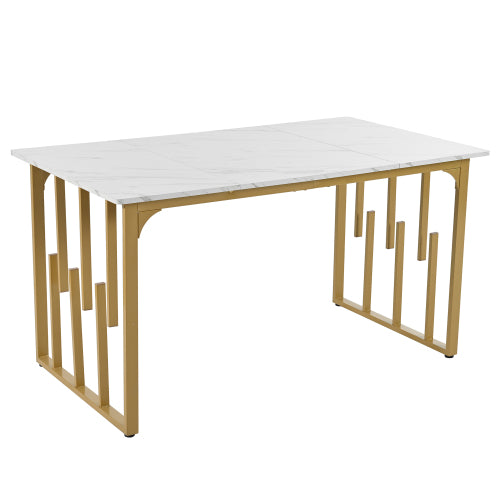 Modern Marble Dining Table-Unique Metal Frame, Adjustable Feet, White Golden for DiningLiving Rooms