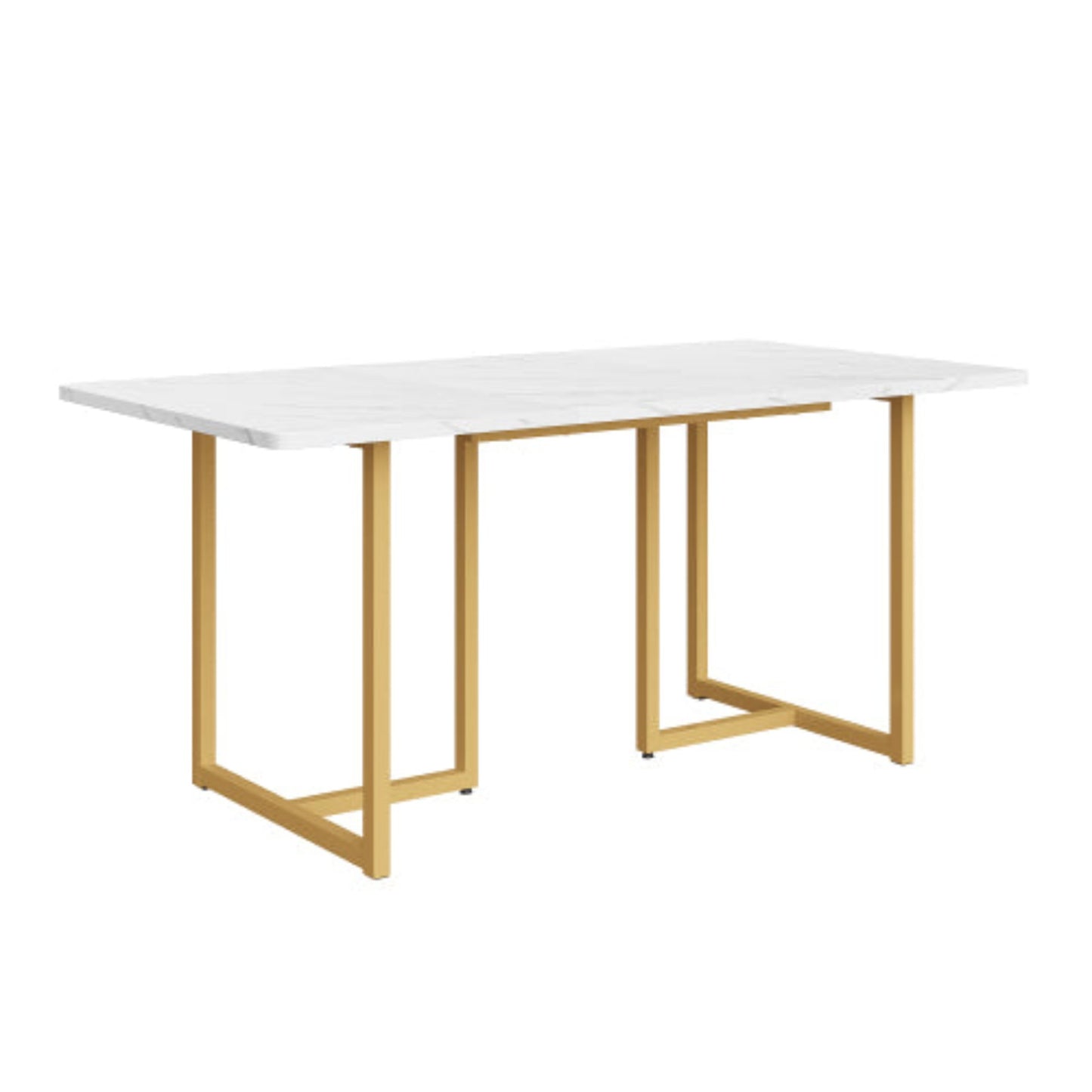 (p)Modern Dining Table- White Marble Pattern, L-Shaped Metal Legs, Adjustable Feet, Golden Accents