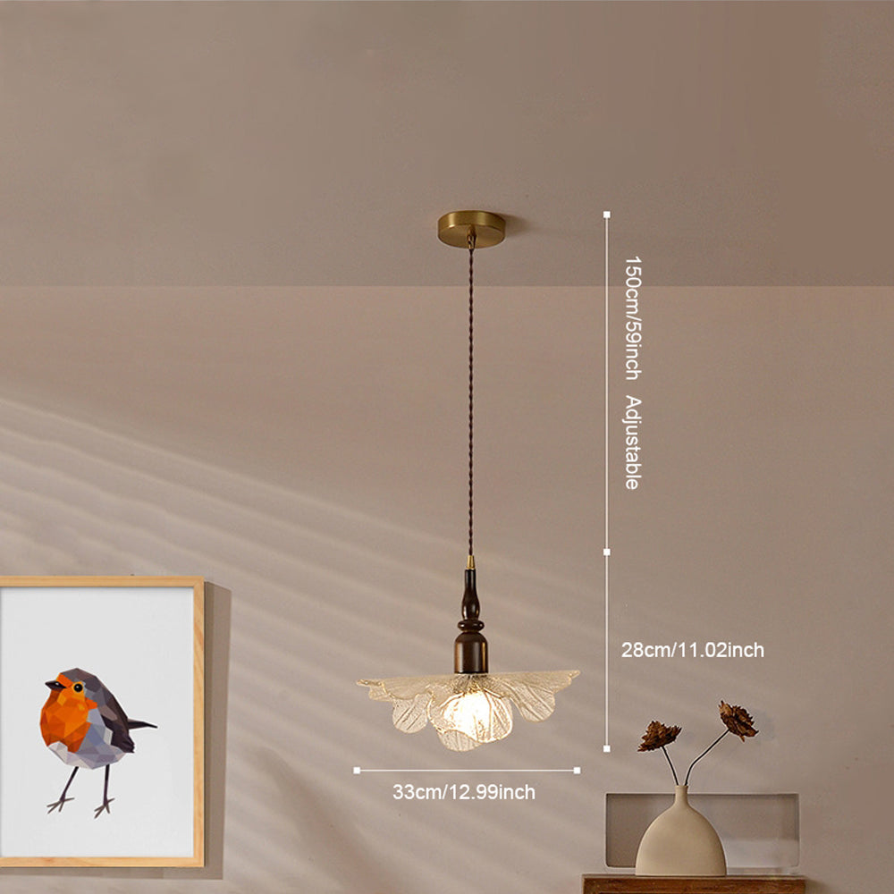 (K) Vintage Glass Pendant Light Walnut Wooden Lamp Base Small Chandelier for Bedside Window