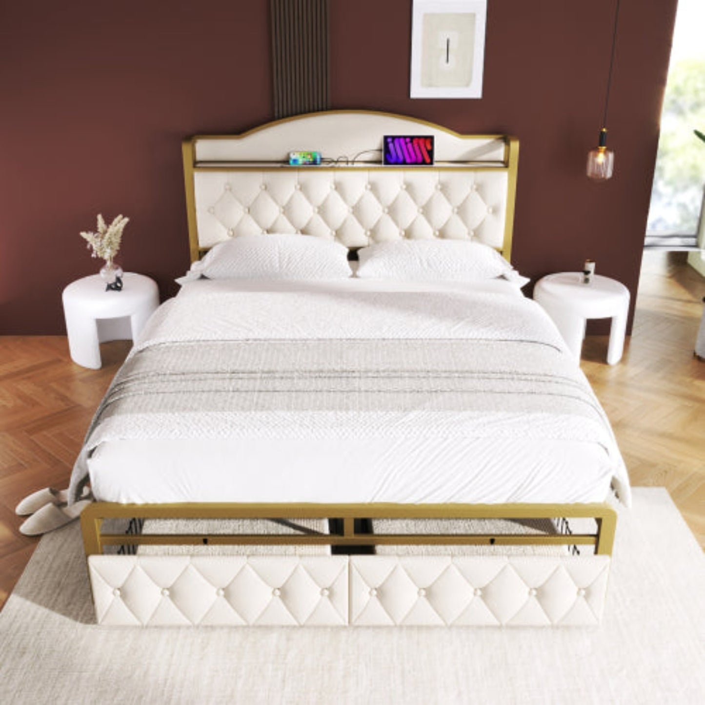 Light Beige Upholstered Double Bed-USB Type C Charging, Storage Drawers, Slatted Metal Frame