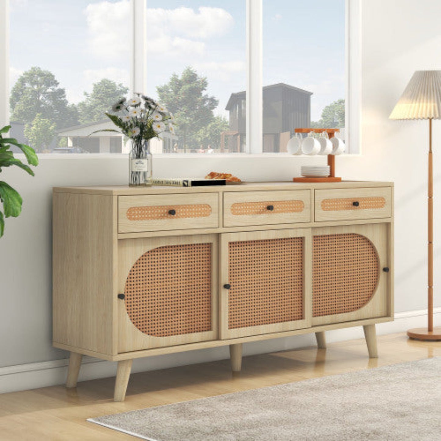 140cm Wooden Sideboard,PE Rattan Doors, Adjustable Shelves, 3 Drawers, Sliding Doors