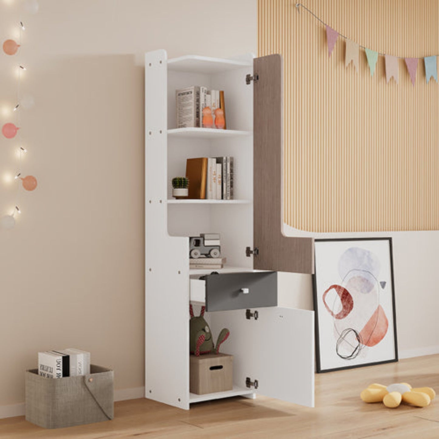 L-Shaped Teenager Bookcase with Drawer, Hinged Doors, and Metal Knobs - White Light Elm Gray