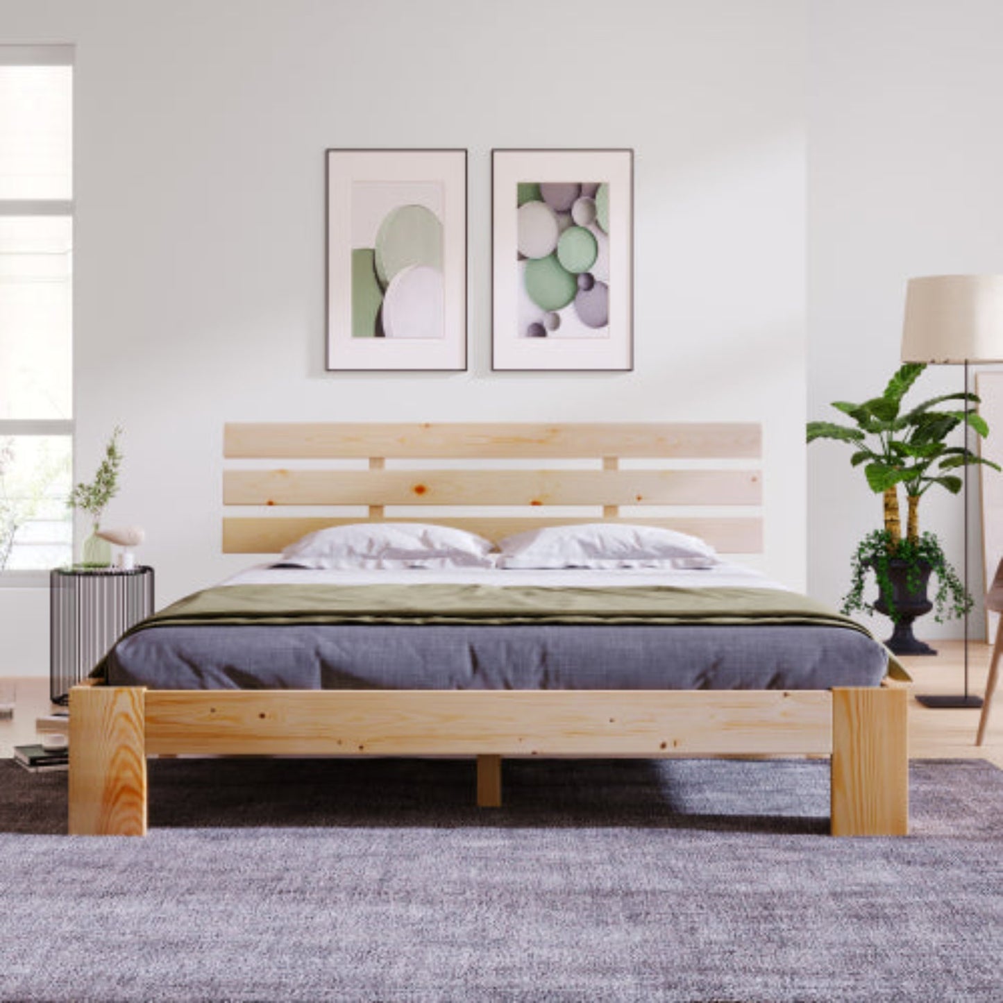 140cm Solid Pine Double Bed,Slatted Frame, Headboard, Grey-Beige Upholstery