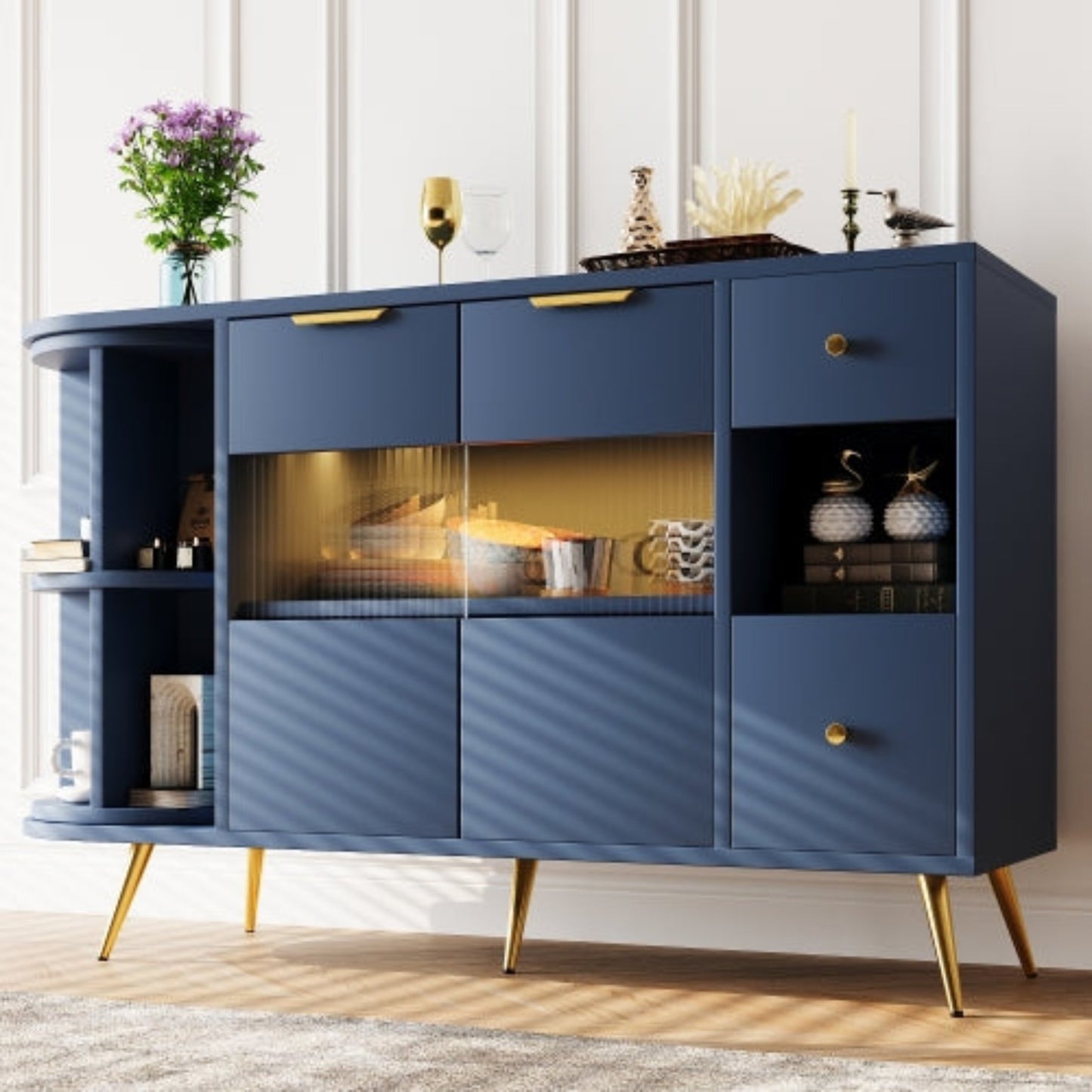 Blue LED-lit Wooden Sideboard with Sliding Glass Doors