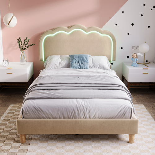 Beige Upholstered Single Bed with LED, Adjustable Headboard, Slatted Frame, YouthGuest Room Bed, Linen Material