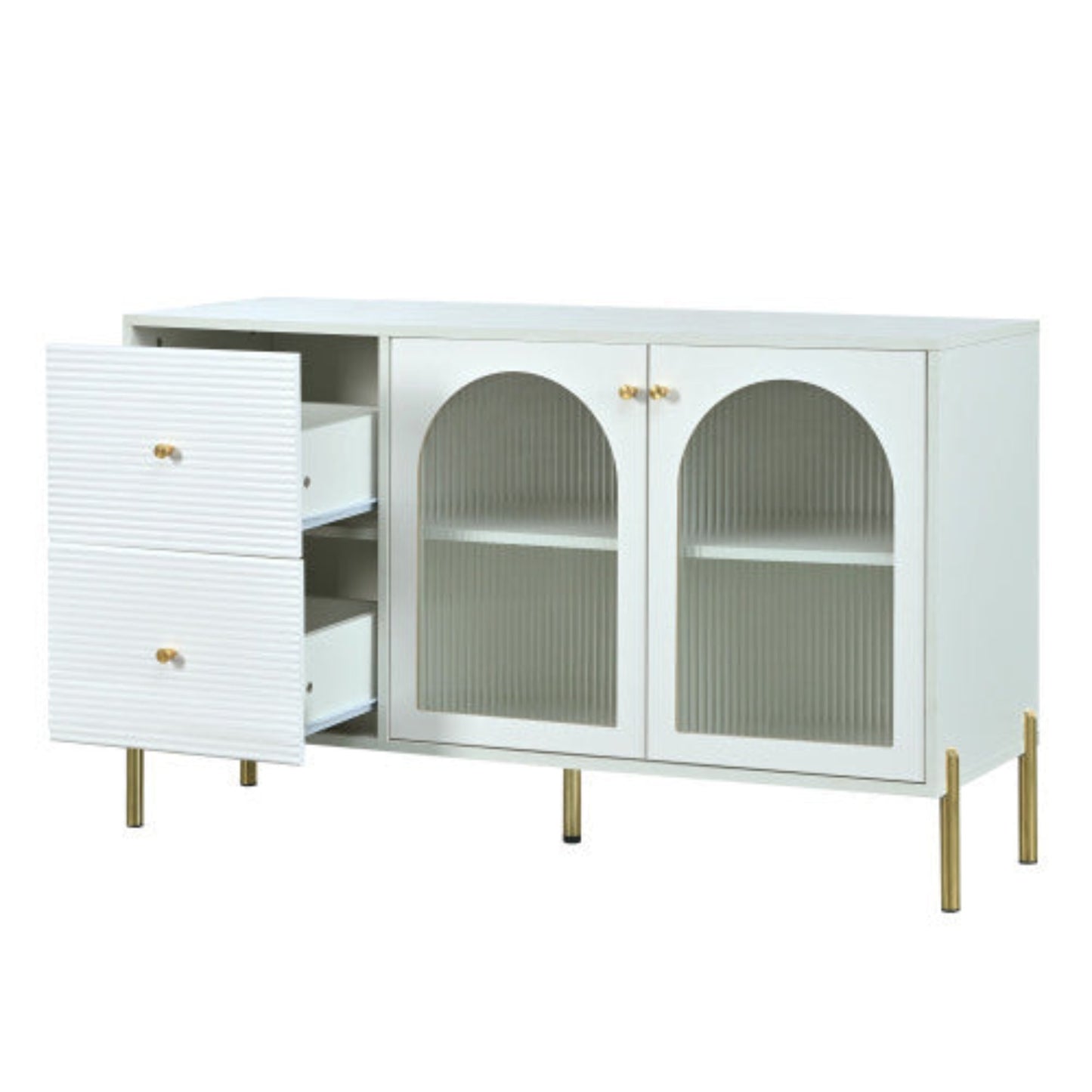 120cm White Gold Sideboard,Marble Top, Adjustable Shelves, 2 Doors, 2 Drawers, Glass Cabinet