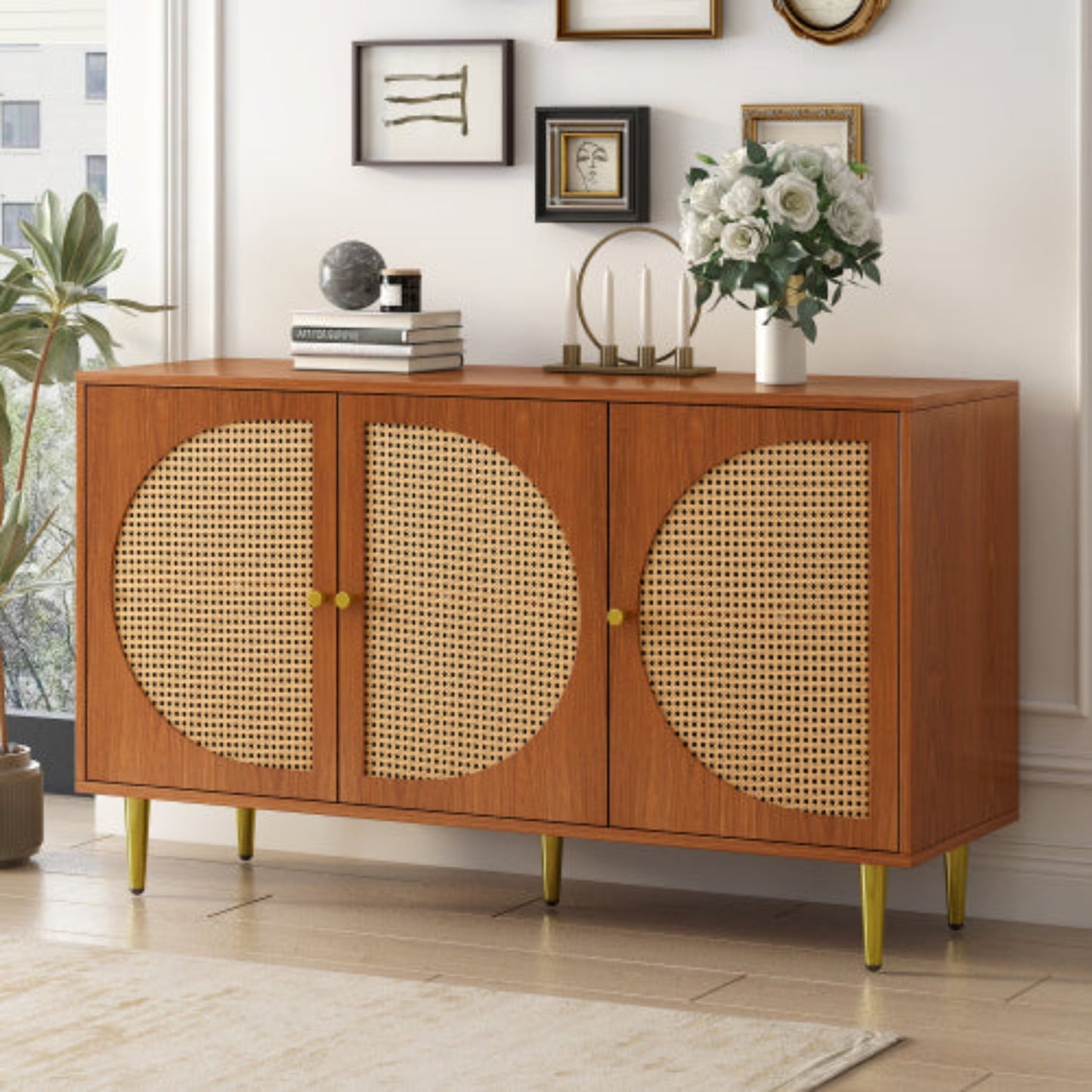 Walnut Sideboard,3 Rattan Doors, Metal Handles, Chest of Drawers,129.8x40x76cm