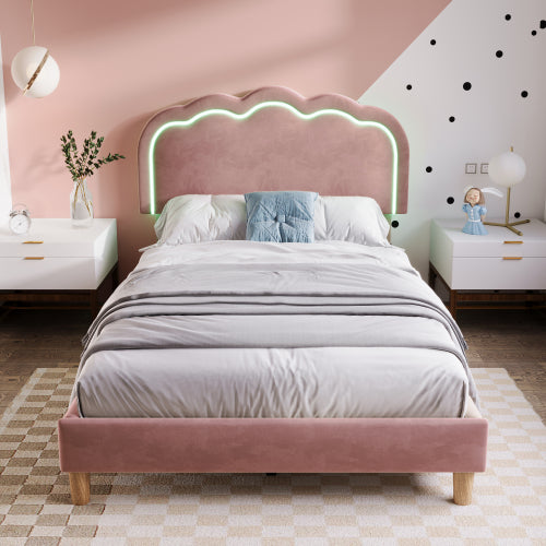 Pink Velvet Single Bed with LED, Adjustable Headboard, Slatted Frame, YouthGuest Room Bed Frame