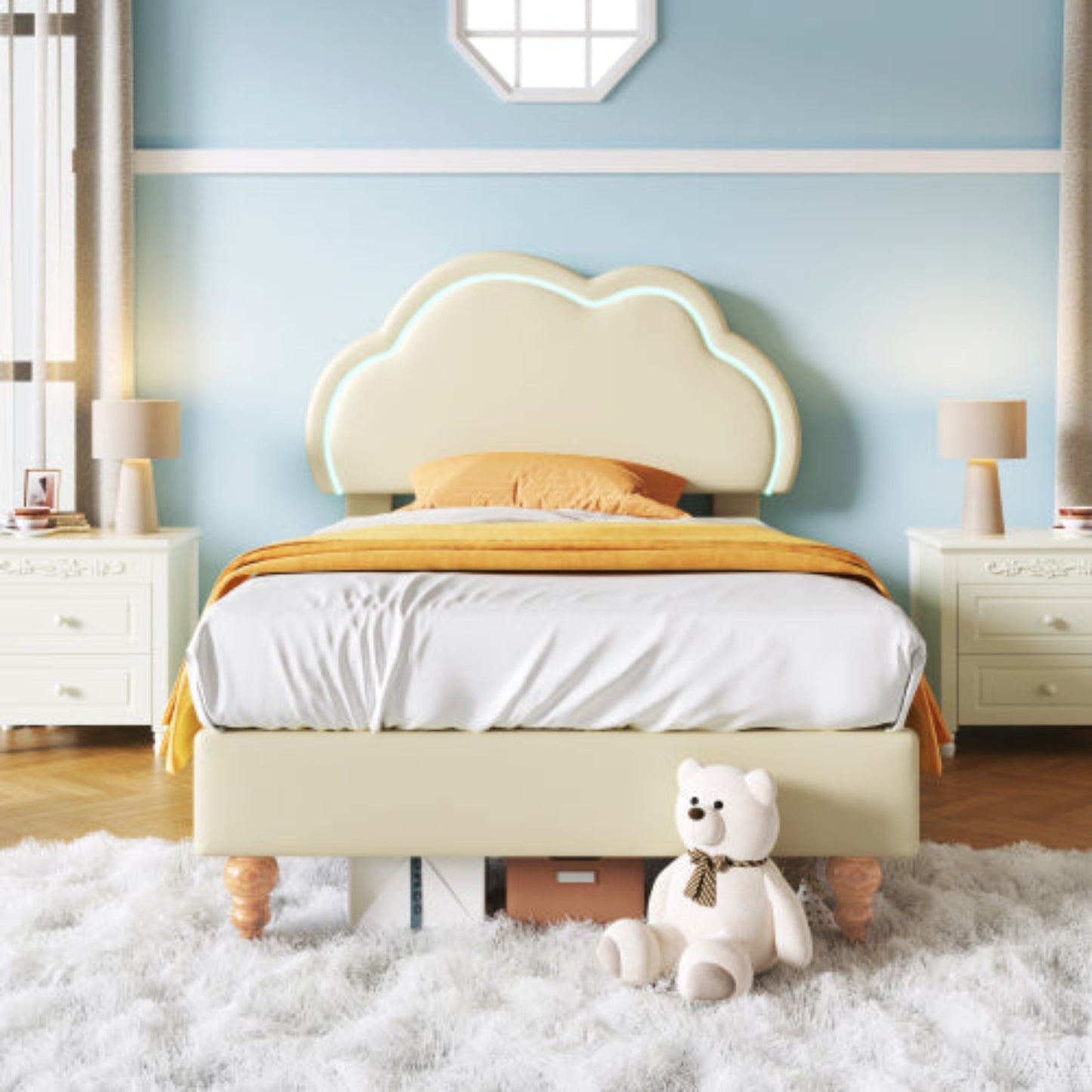 Cream PU Single Bed with LED, Upholstered Frame, Adjustable Cloud Headboard, Youth Bedroom-Guest Room