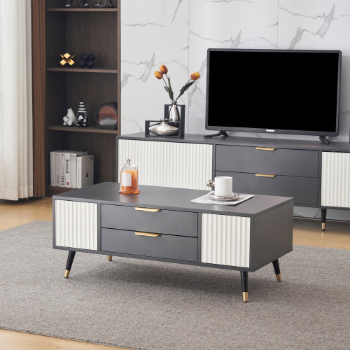 Modern Grey-White Coffee Table-2 Doors, 2 Drawers, Gold Accents, High-Quality Living Room Furniture