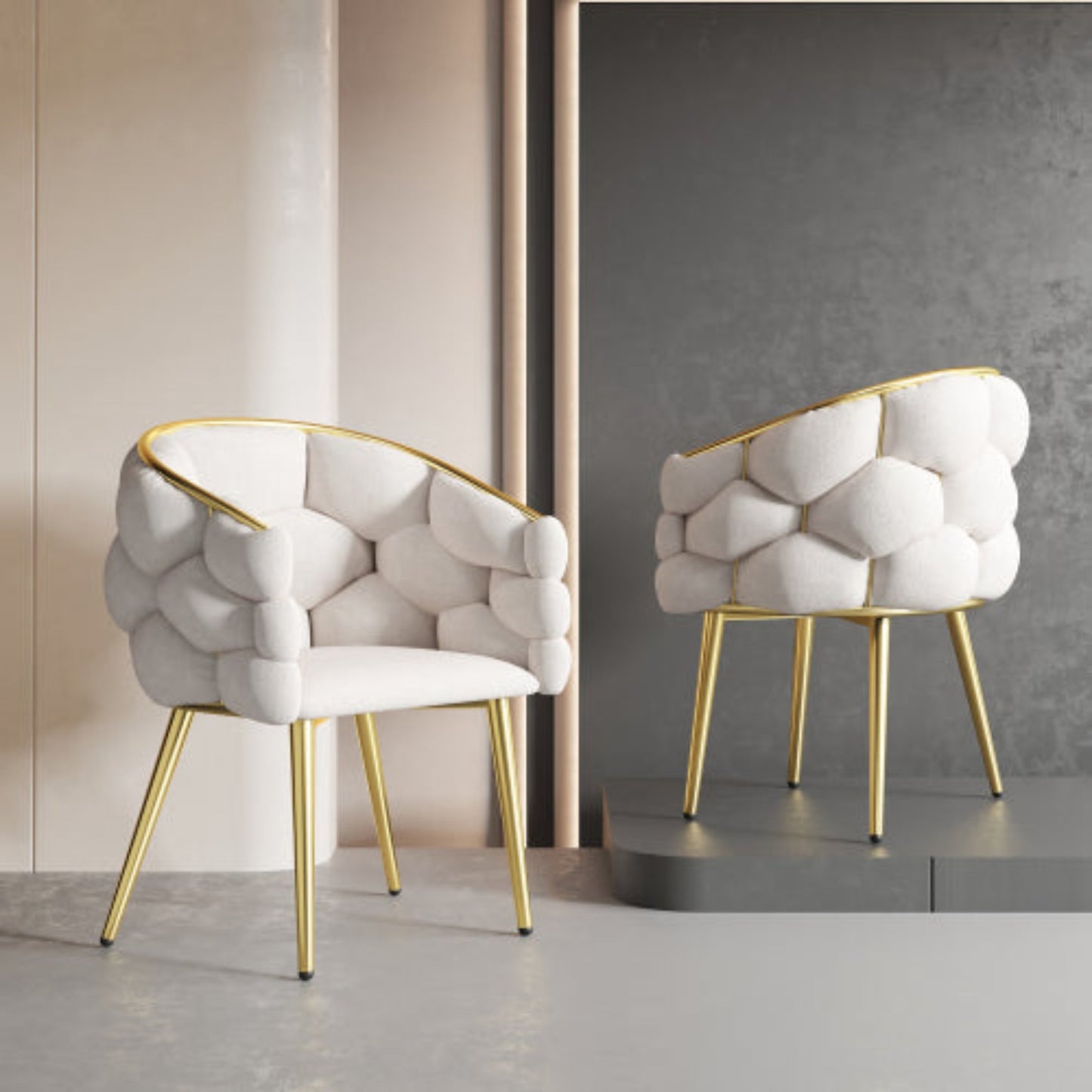 Beige Bubble Dining Chair,Gold Legs, Luxury Velvet, Gold Frame