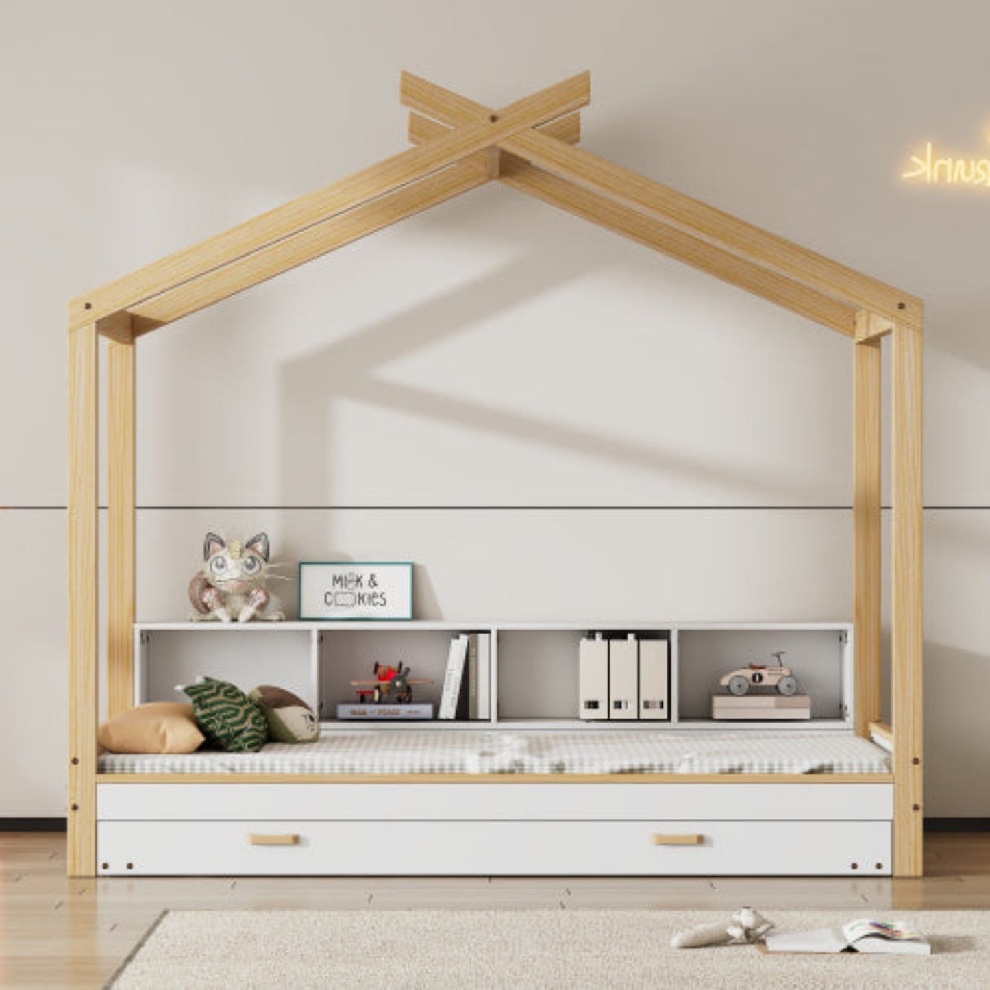 White Natural Children's House Bed with Storage, Trundle - Pine Frame