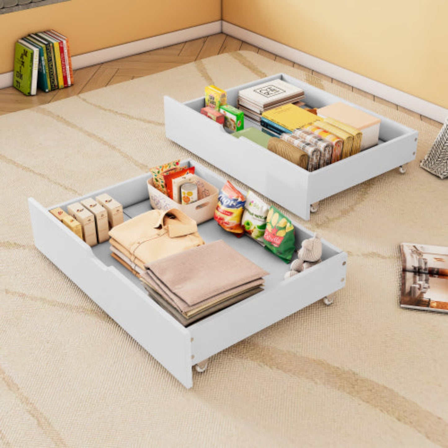 Compact Storage Solution,Foldable Bed with 2 Drawers - MDF on Castor