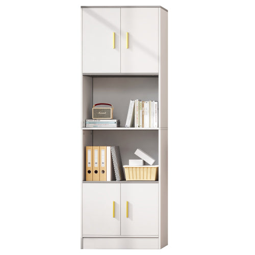 Elegant White Display Cabinet- 4-Door with Center Open Compartment, Quiet Hinges - Ideal for Kitchen or Living Room