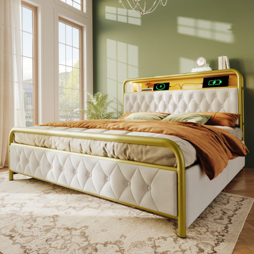 Luxury Velvet Double Bed: USB Charging, Smart LED, Metal Frame, 4 Storage Drawers