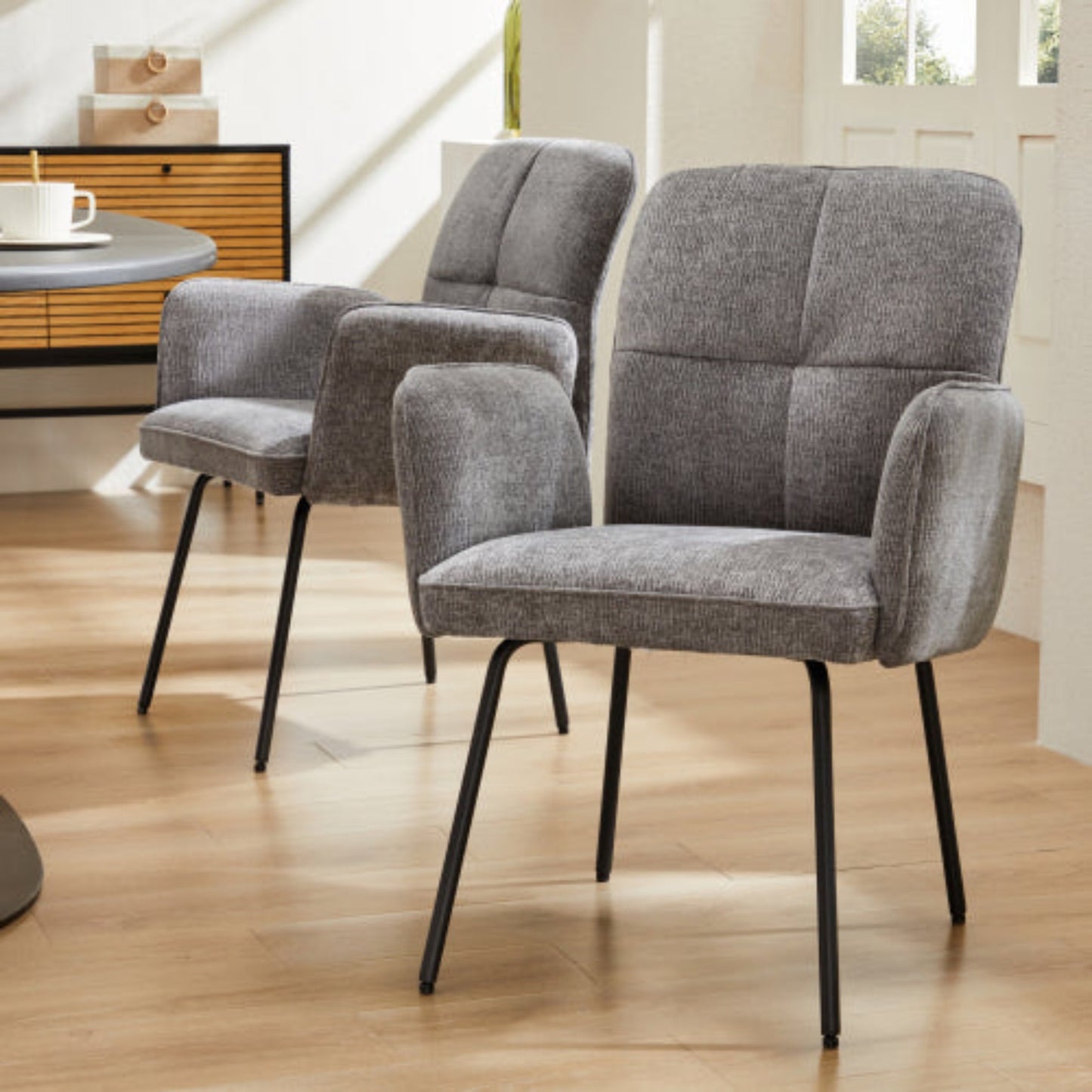 Grey Dining Chairs- Living Room Armchairs with Extra Wide Cushions and Black Metal Legs