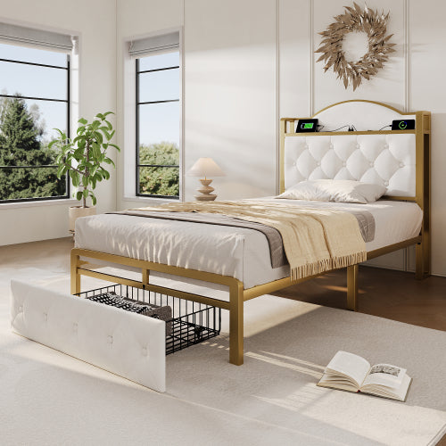 Light Beige Single Bed-USB Type C, Storage Drawers, Slatted Metal Frame -Mattress Not Included