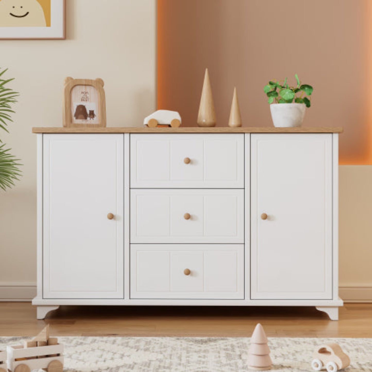 Classic Commode,3 Drawers, 2 Doors, Natural Handles, White,Natural Finish