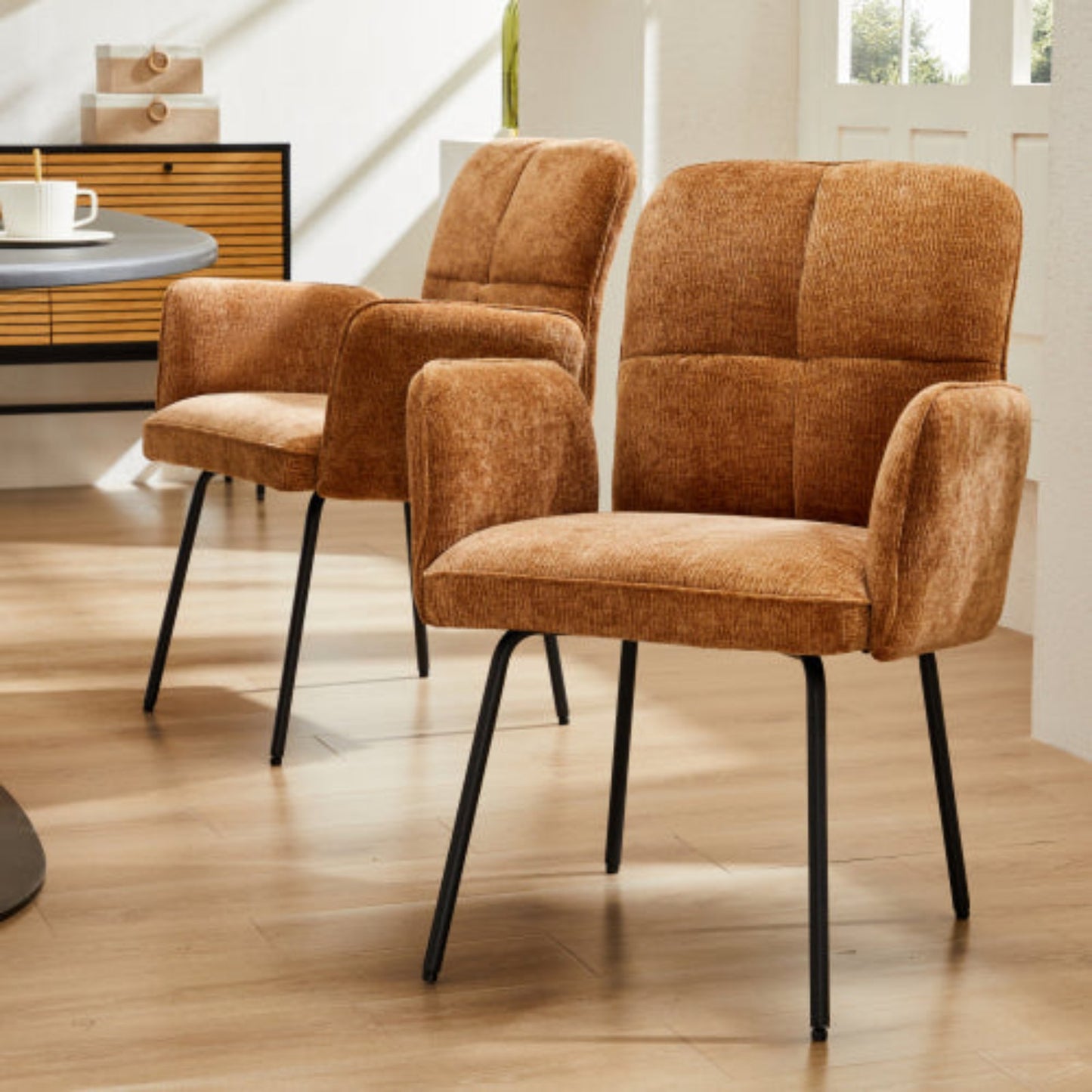 Brown Dining Chairs- Living Room Armchairs with Extra Wide Cushions and Black Metal Legs