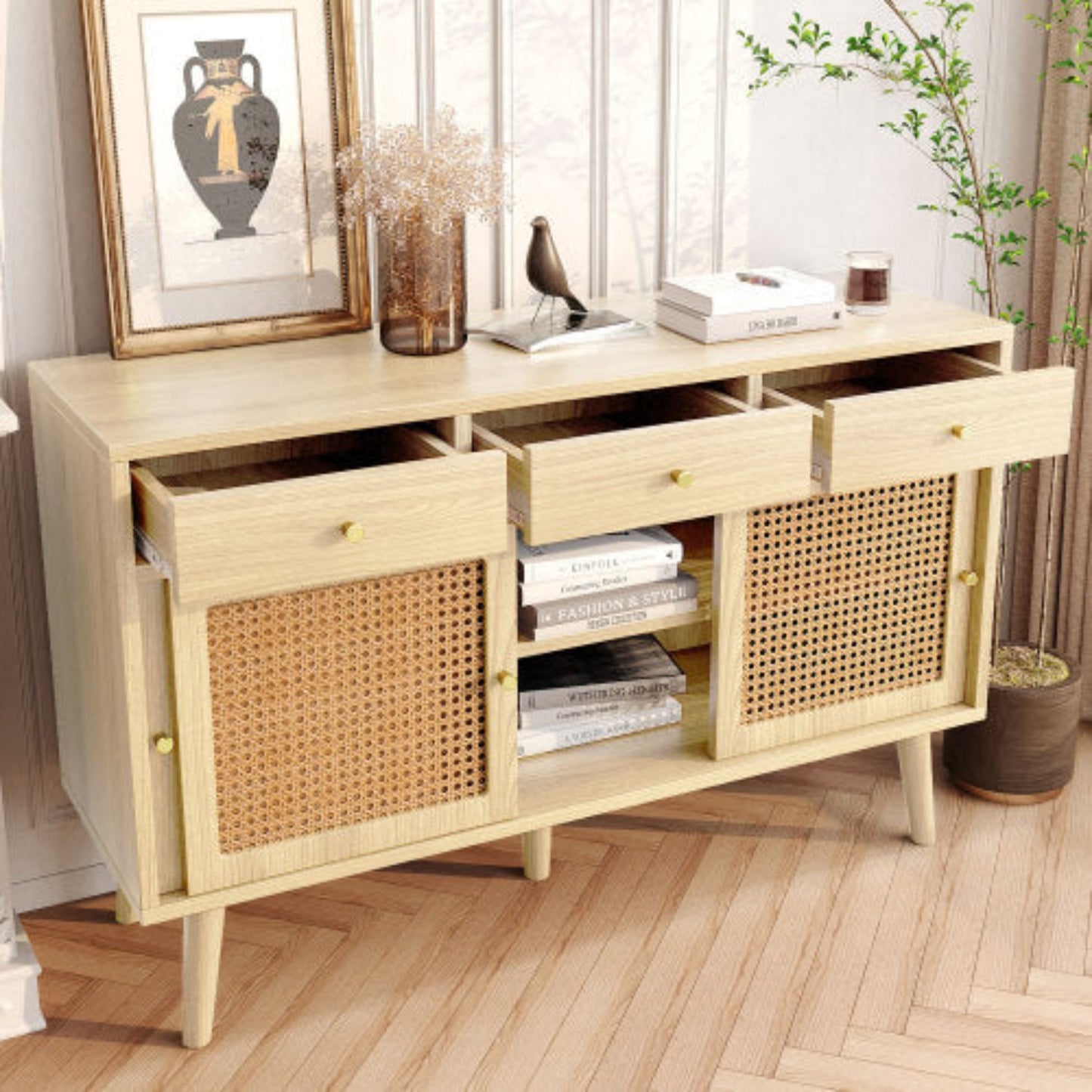 Oak sideboard with drawers and sliding rattan doors, solid wood legs, gold metal handles, adjustable shelves