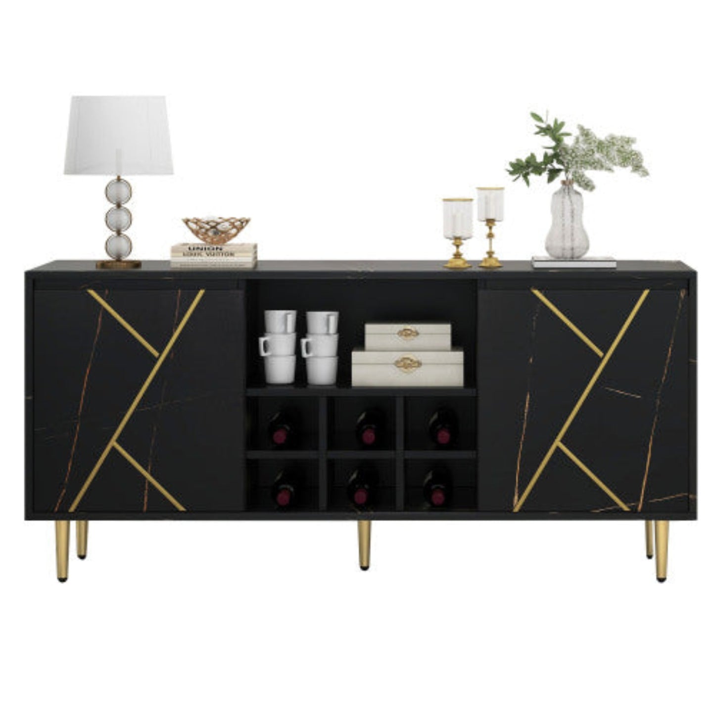 BlackGold Side Cabinet,Wine Rack, Elegant Design, 148x40x70cm