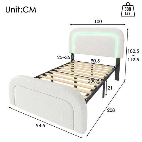 Sherp White Upholstered Bed Frame-USB-C, LED Lights, Adjustable Headboard, Wooden Slats