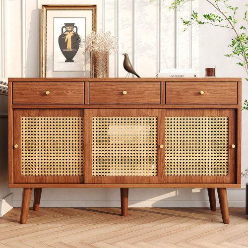 New Walnut Sideboard with 3 Drawers and 3 Rattan Sliding Doors, Gold Handles, Adjustable Shelves