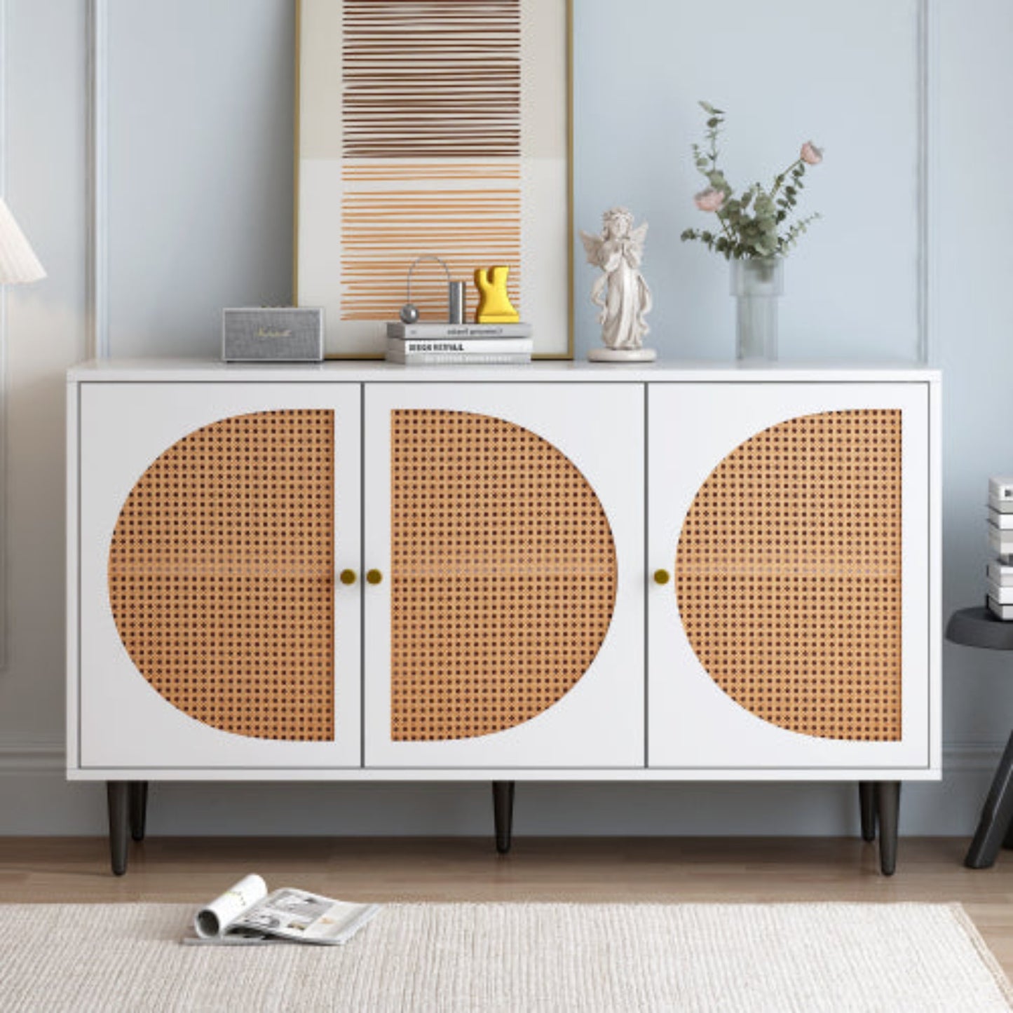 White Rattan-Decorated Sideboard,Chest of Drawers, Metal Handles, Multi-Room,129.8x40x76cm