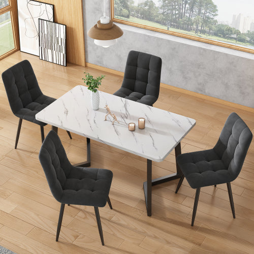 (p)Chic Dining Table-Black White Marble Pattern, Metal Frame, Ideal for Modern Dining  Living Rooms