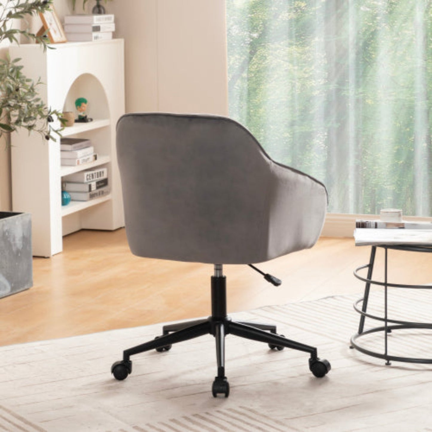 (p)Gray velvet swivel chair with height adjustment -1 piece - with backrest, armrests and wheels, suitable for home office