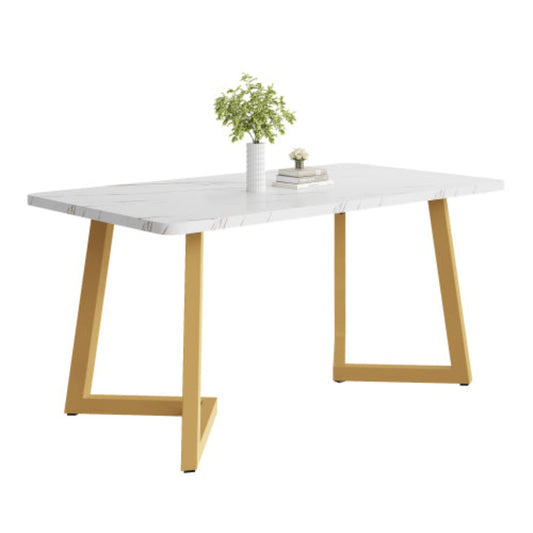 (p)Modern Marble-Pattern Dining Table-White with Golden Accents, Metal Frame, Perfect for Dining Living Rooms