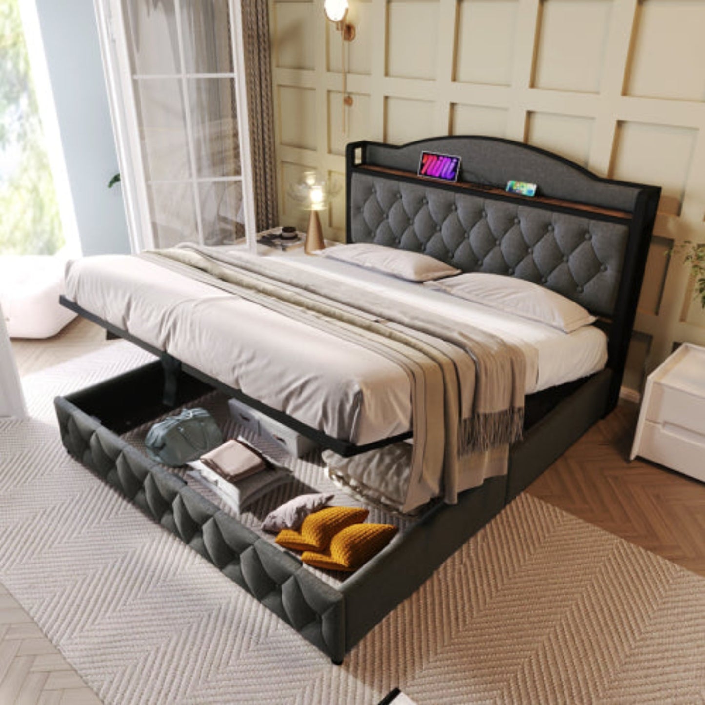 Grey Upholstered Double Bed with USB Charging, Storage, Slatted Metal Frame -Mattress Not Included