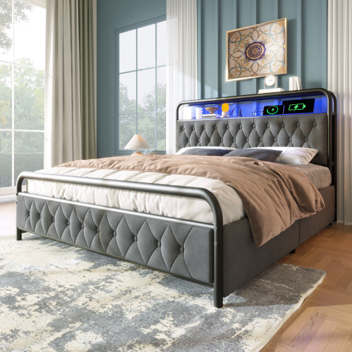 Modern Velvet Double Bed-USB Type C Charging, APP-Controlled LED, Metal Frame, 4 Drawers