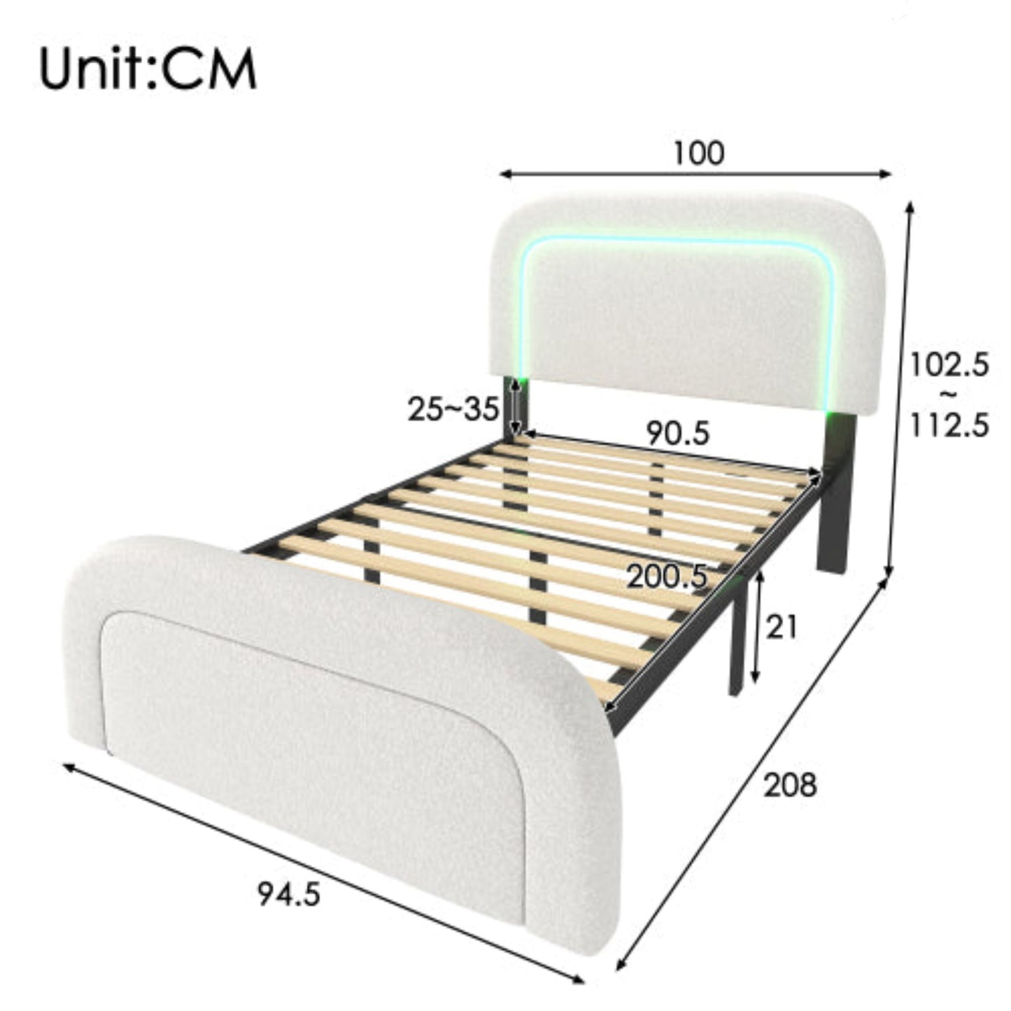 Sherp White Upholstered Bed Frame-USB-C, LED Lights, Adjustable Headboard, Wooden Slats