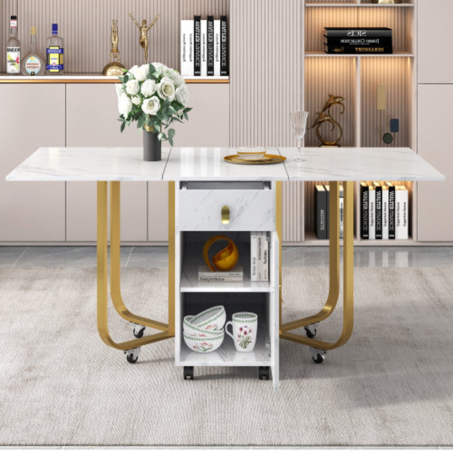 White-Gold Folding Dining Table-Cupboard, 2 Drawers, Space-Saving, 4 Legs