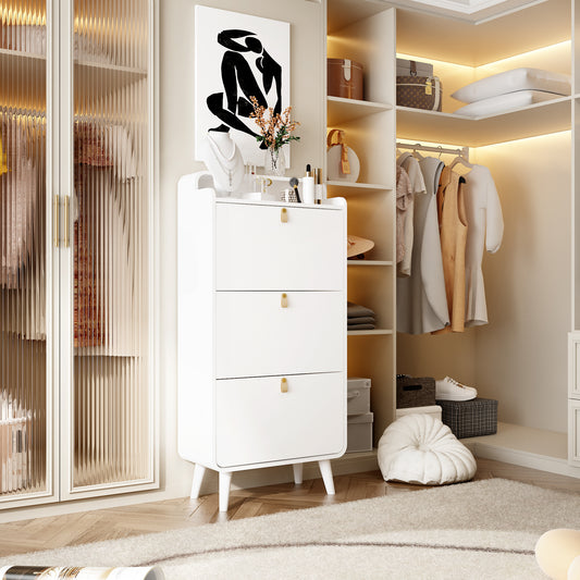 White Freestanding Shoe Storage Cabinet with 3 Folding Drawers, Tilting Organizer & Top Compartment for Entryway