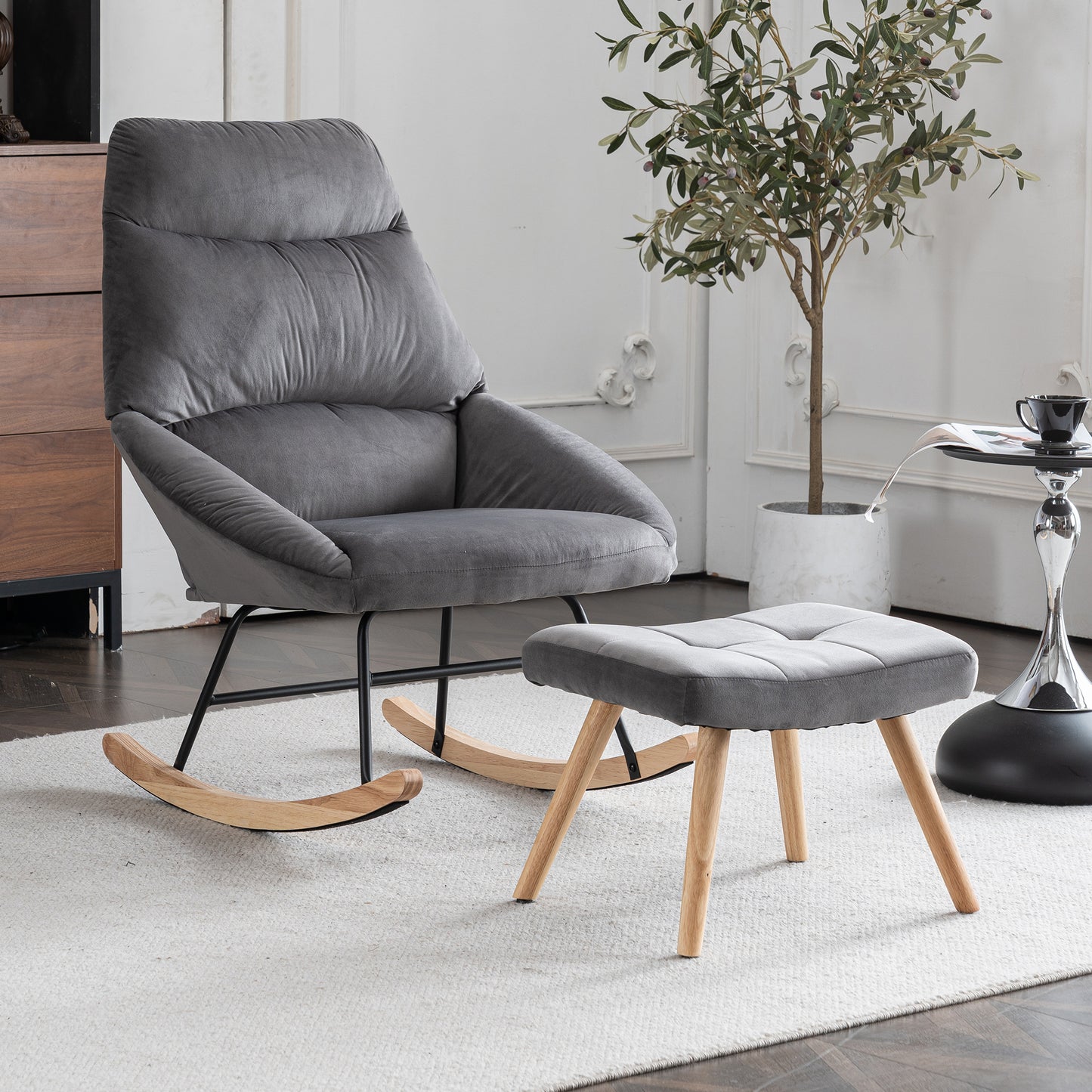 Ergonomic Grey Rocking Chair with Footstool