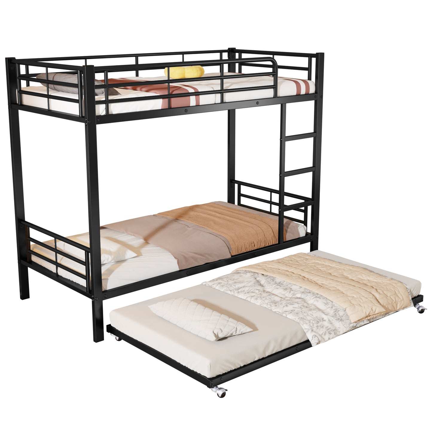 Black Iron Bunk Bed with Pull-Out Bed - Children and Teenagers' Space-Saving Solution, 90x200cm