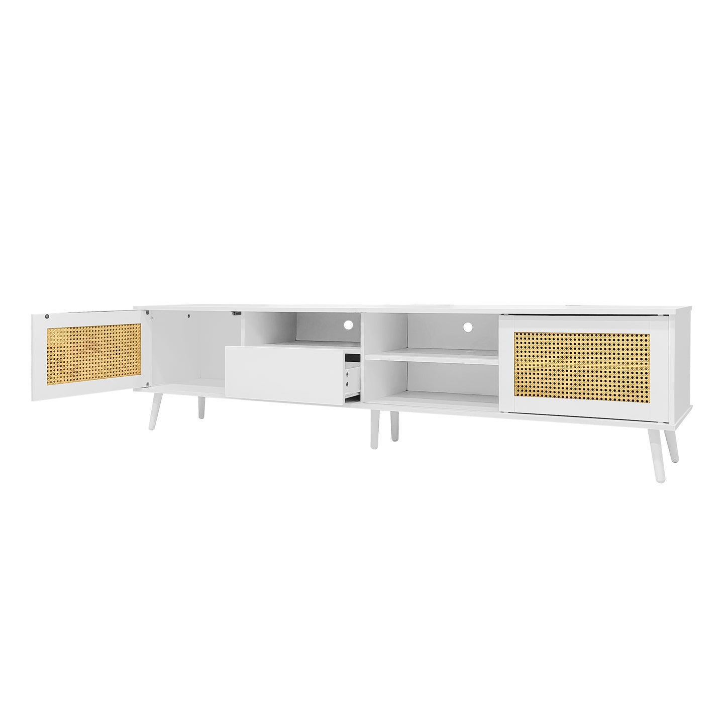 White Rattan 200cm TV Stand for 90 inches TVs with Storage and LED Lighting