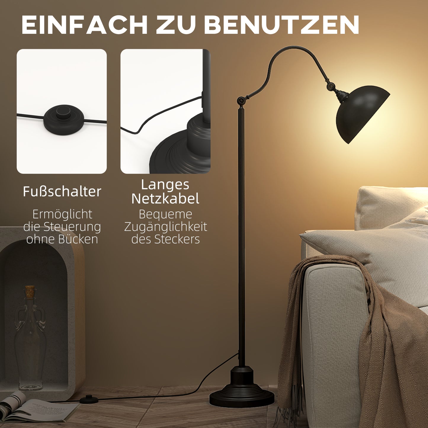 Floor lamp, floor lamp with E27 socket, adjustable lampshade, 40 W, arc lamp in vintage design, stable stand, black
