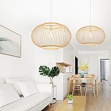 (M)Bamboo Pendant Lighting Globe Shade Boho Rattan Hanging Lights Fixture E27 for Kitchen Island