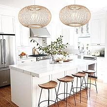 (M)Bamboo Pendant Lighting Globe Shade Boho Rattan Hanging Lights Fixture E27 for Kitchen Island