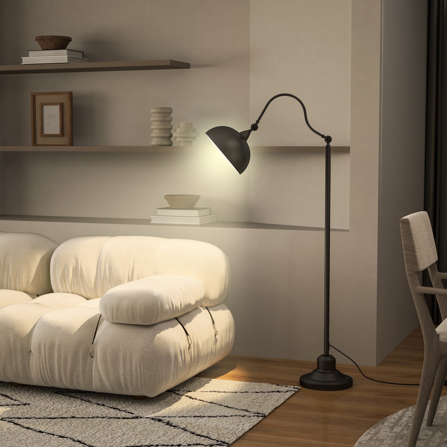 Floor lamp, floor lamp with E27 socket, adjustable lampshade, 40 W, arc lamp in vintage design, stable stand, black