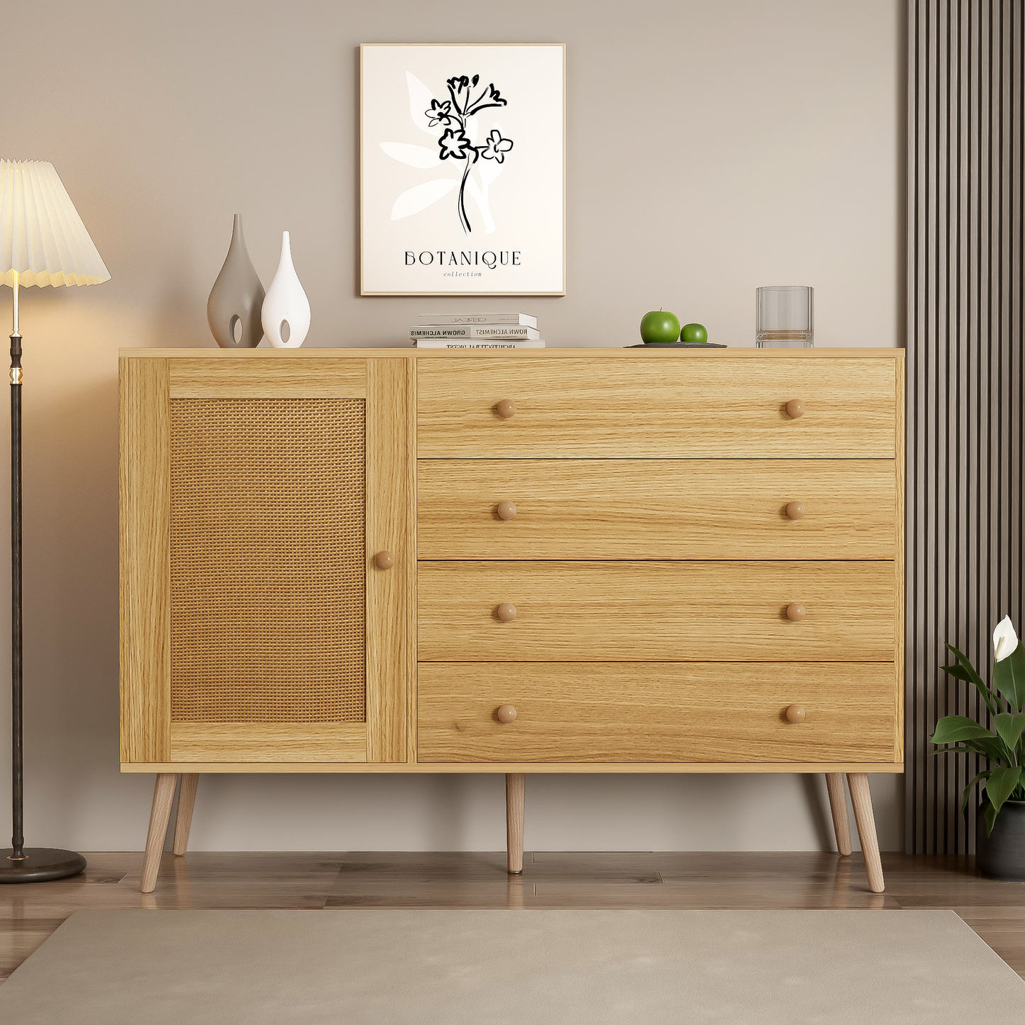 120cm Wooden Side Cabinet with 4 Drawers and 1 Door